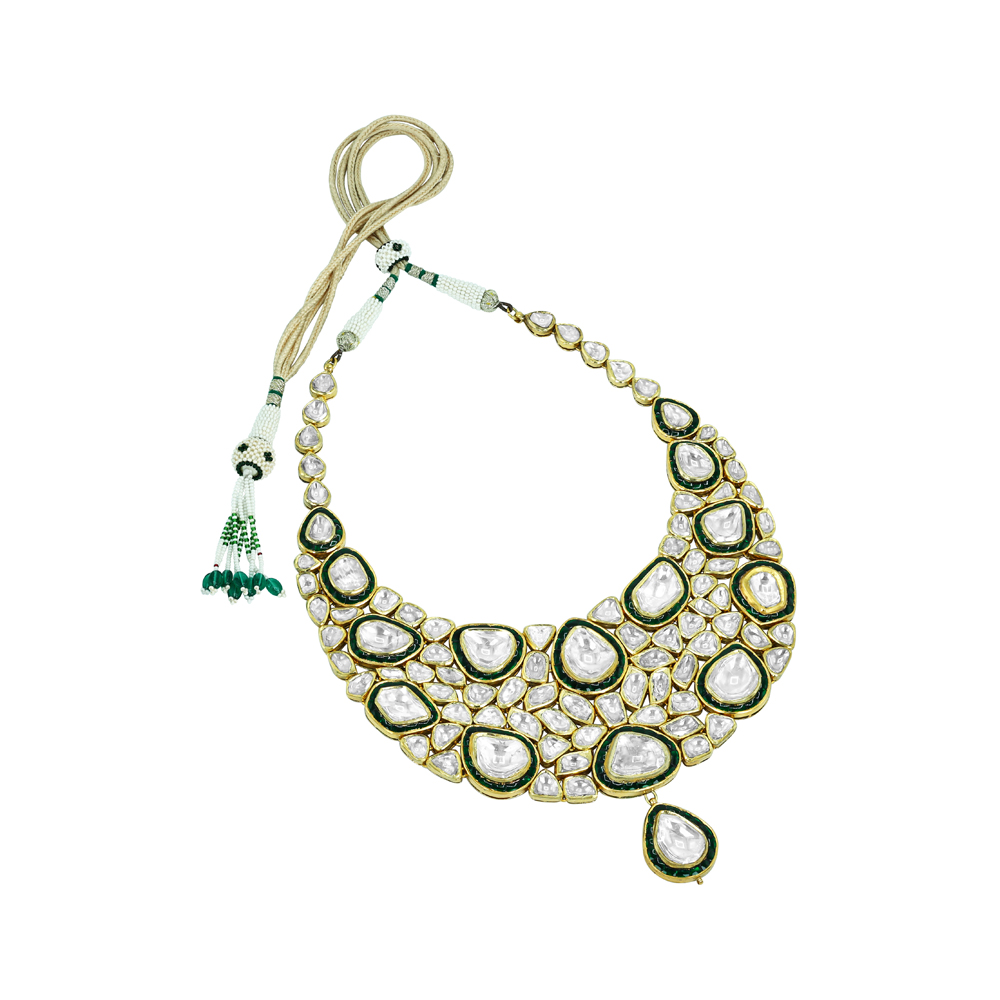 Polki Necklace with Green Chuddi Work and Teardrop Pendant